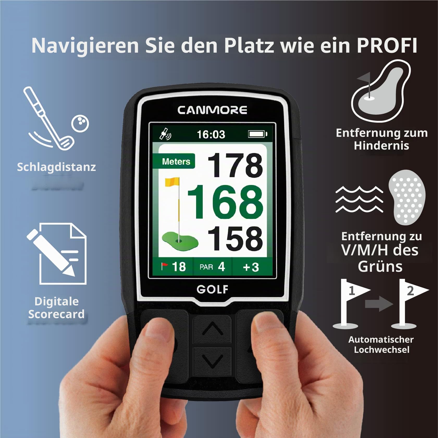 CANMORE HG200 Golf-GPS-Handgerät – Vollfarbdisplay mit über 41.000 wichtigen Golfplatzdaten und Scorekarte, kostenlose Golfplätze weltweit, Schwarz