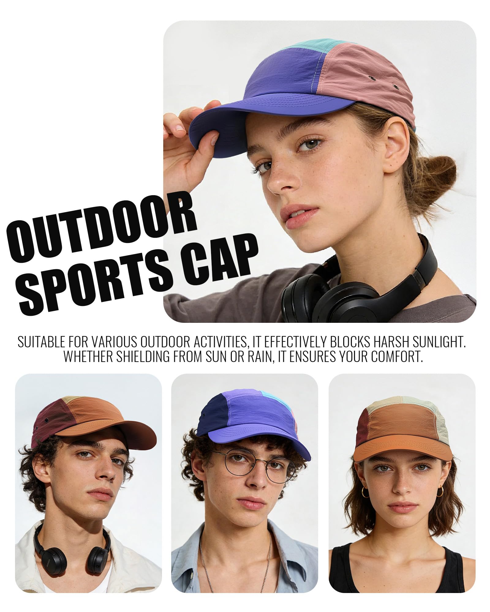 Croogo Cappellino da baseball da uomo a 5 pannelli multicolore UPF 50+ Cappelli da camionista all'aperto in nylon leggero da golf sportivo visiera Hiphop Cap