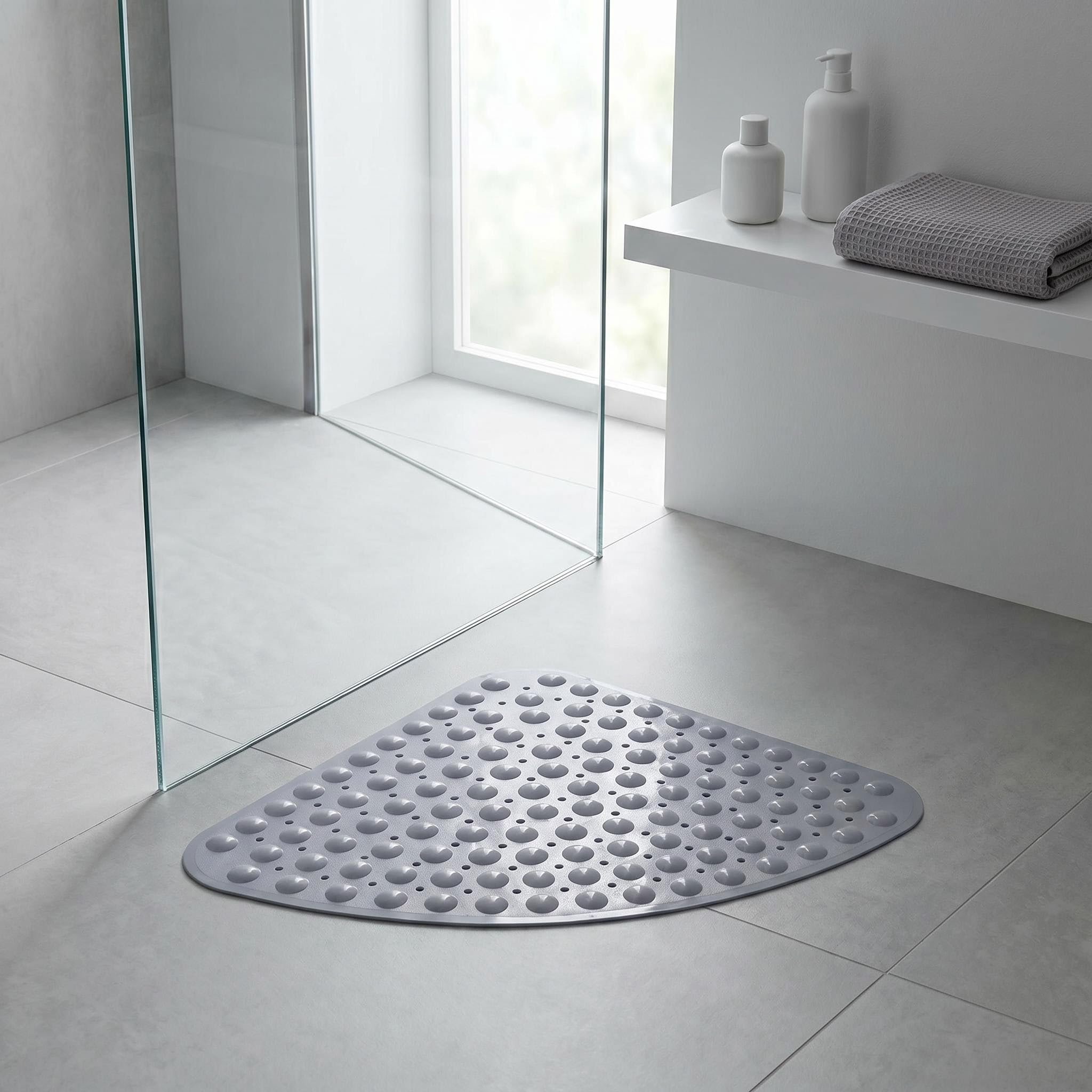 Tapis de Douche Antidérapant d'angle 70x70 cm Gris – Tapis de Bain en PVC avec Ventouses Puissantes et Trous de Drainage, Séchage Rapide, Anti-moisissure, Design Moderne, Lavable en Machine
