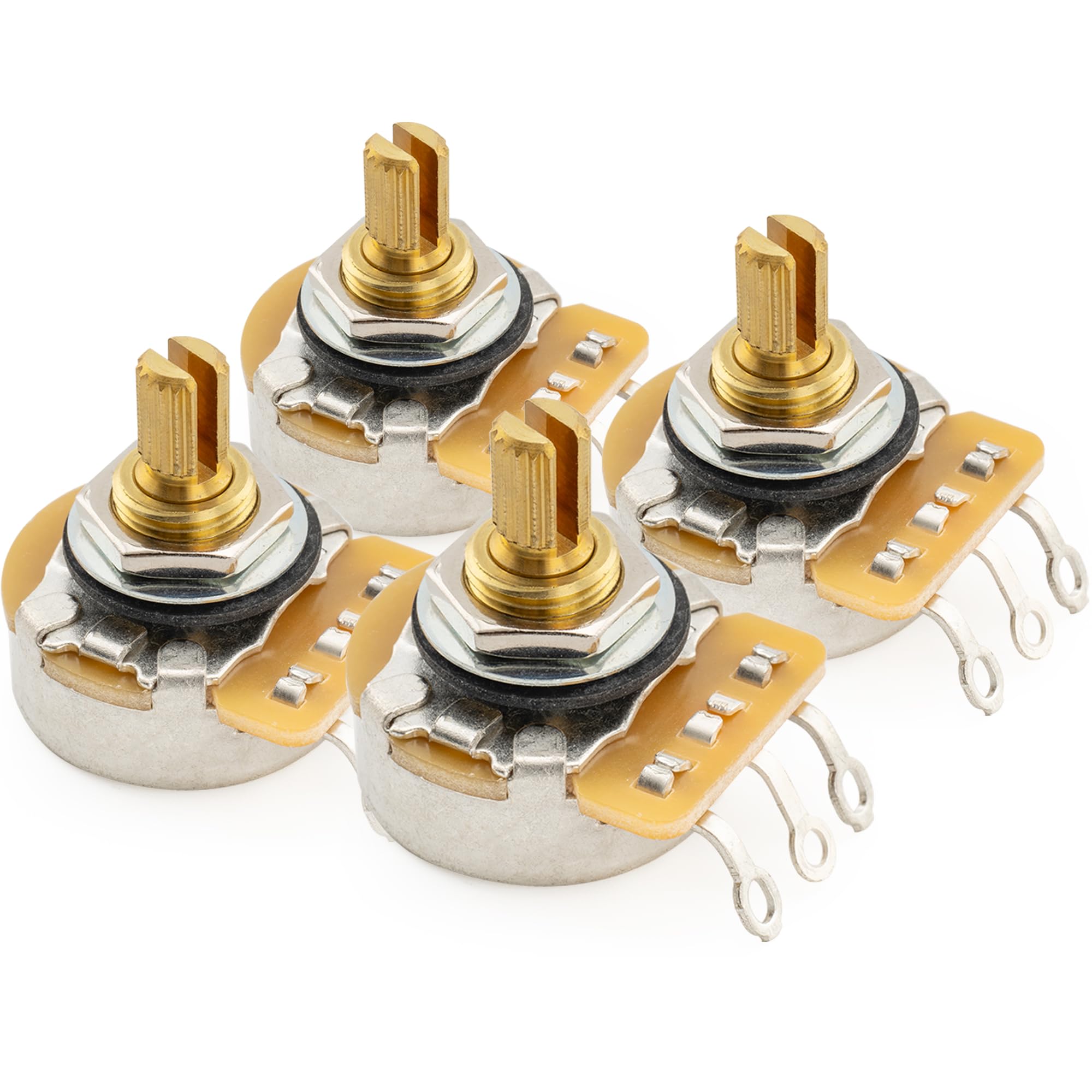 CTS 450G A250K Pots Metric Coarse 18-Spline Brass Short Split Shaft 1/4 Inch 10% Audio Taper Potentiometers for Electric Guitar Bass (Set of 4)