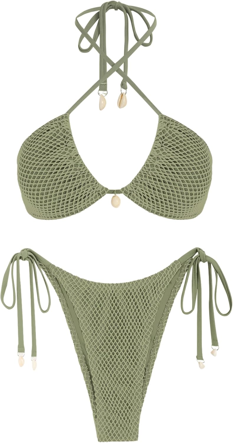 ZAFUL Women's Bikini Set Fishnet Triangle Tie Convertible Collar Halter Bandeau Shell Two Piece Bathing Suit