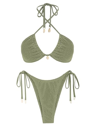 ZAFUL Women's Bikini Set Fishnet Triangle Tie Convertible Collar Halter Bandeau Shell Two Piece Bathing Suit - Medium - Green