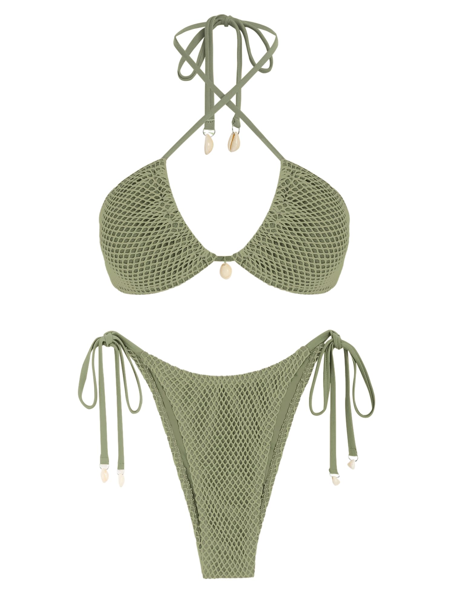 ZAFUL Women's Bikini Set Fishnet Triangle Tie Convertible Collar Halter Bandeau Shell Two Piece Bathing Suit: Medium Green