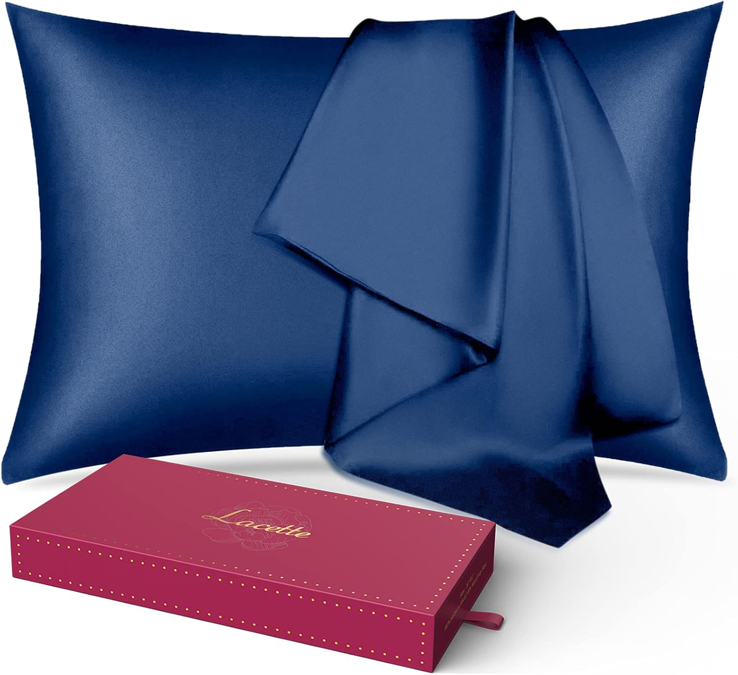 Lacette 100% Silk Pillowcase for Hair and Skin, 22 Momme 6A Soft Silk Pillow Case with Hidden Zipper, Gift Box, 600 Thread Count, Double Side Silk/Wood Pulp Fiber, 1PC (Blue, Standard Size 20"x26")