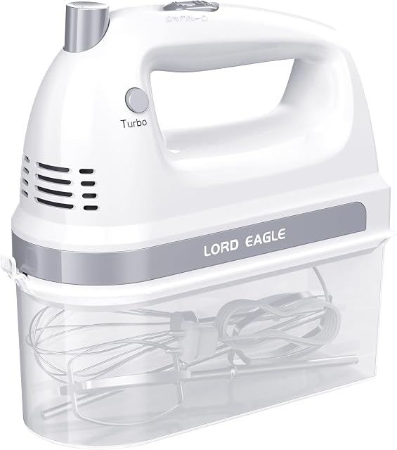 Lord Eagle Electric Hand Mixer Mini, 300W Power Handheld Mixer Kitchen for 5-Speed Baking Cake Egg Cream Food Beaters Whisk, with Snap-On Storage Case, White
