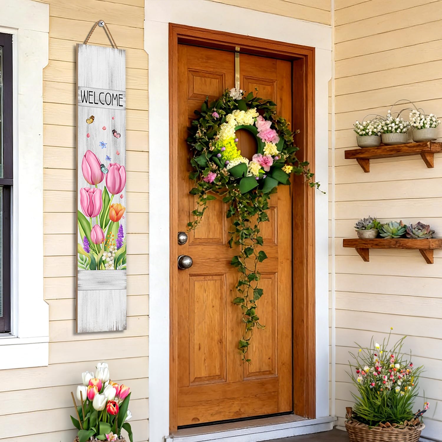 Spring Flower Welcome Porch Sign, White Wooden Sign for Front Porch, Pink Tulip Sign Yard, Floral Vertical Wood Sign Standing for Patio Front Door Porch, Spring Summer Holiday Home Party Entryway Yard Wall Decor Indoor Outdoor, 47x8 inch