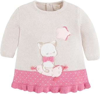 Mayoral Newborn Baby Girl Angora Blend Intarsia Knit Sweater Dress, Kitty Cat/Stone, 0-1 Months