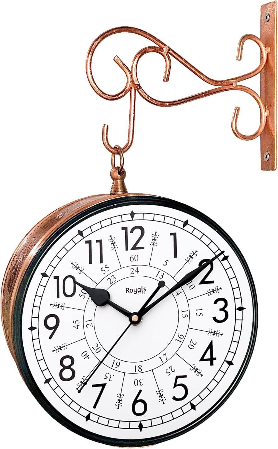 Double Sided Metal Vintage Station Analog Hanging Wall Clock for Home and Living Room with Antique Rose Gold and 24 Hours Dials on Both Sides [KTWCCN8]