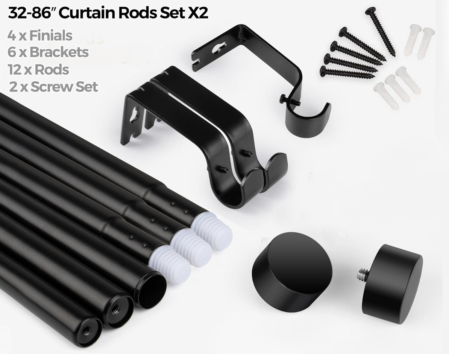 KAMANINA Curtain Rods 2 Pack, Heavy Duty Curtain Rods for Windows 48 to 84 Inch, 1 Inch Black Modern Drapery Rod with End Cap (32"-86", 2Pack)