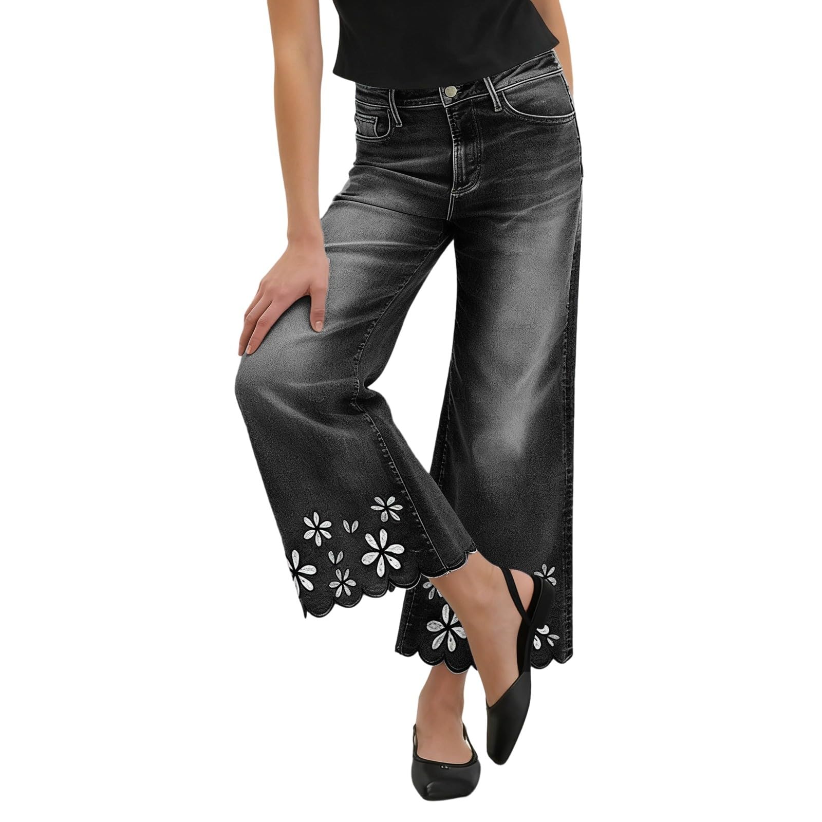 Pantalones vaqueros de mujer transpirables con diseño capri de pierna ancha 8