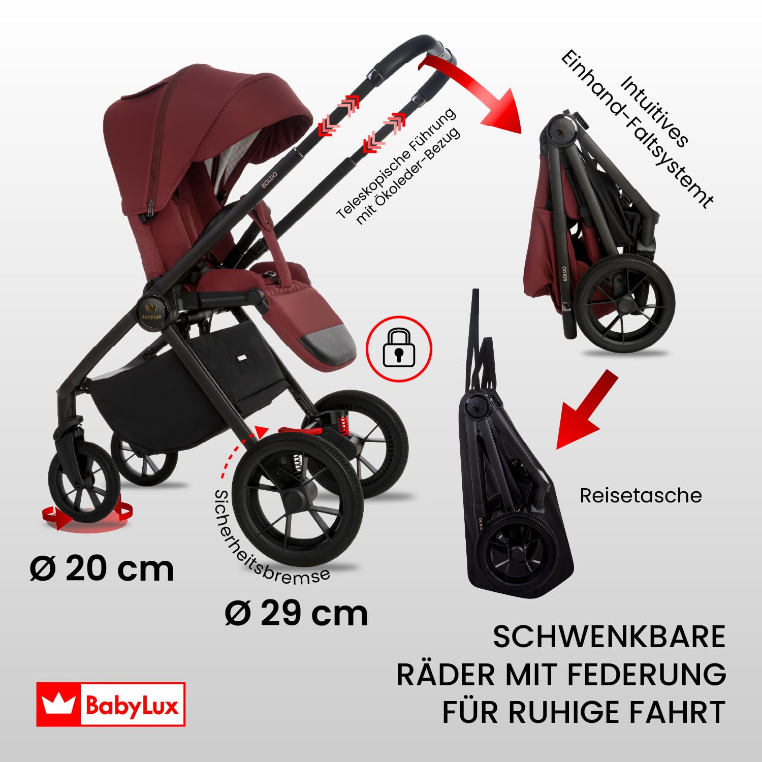 BabyLux® Kinderwagen 4in1 Set BOLDO, Faltbar Leicht Kombikinderwagen Set | incl. Babywanne, Reisebuggy, Kindersitz i-Size, Auto Basisstation, 4 Liegepositionen, 0-22kg, UV Schutz 50+, Vollgummireifen