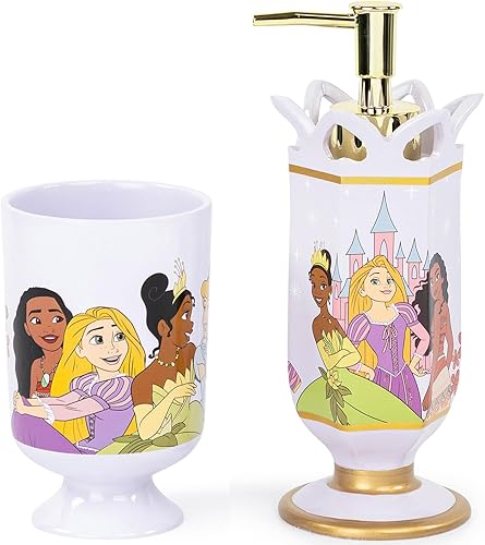 Disney Princess - Juego de baño de 2 piezas, dispensador de jabón morado y vaso, accesorios de baño de resina para niños con Moana, Cenicienta y