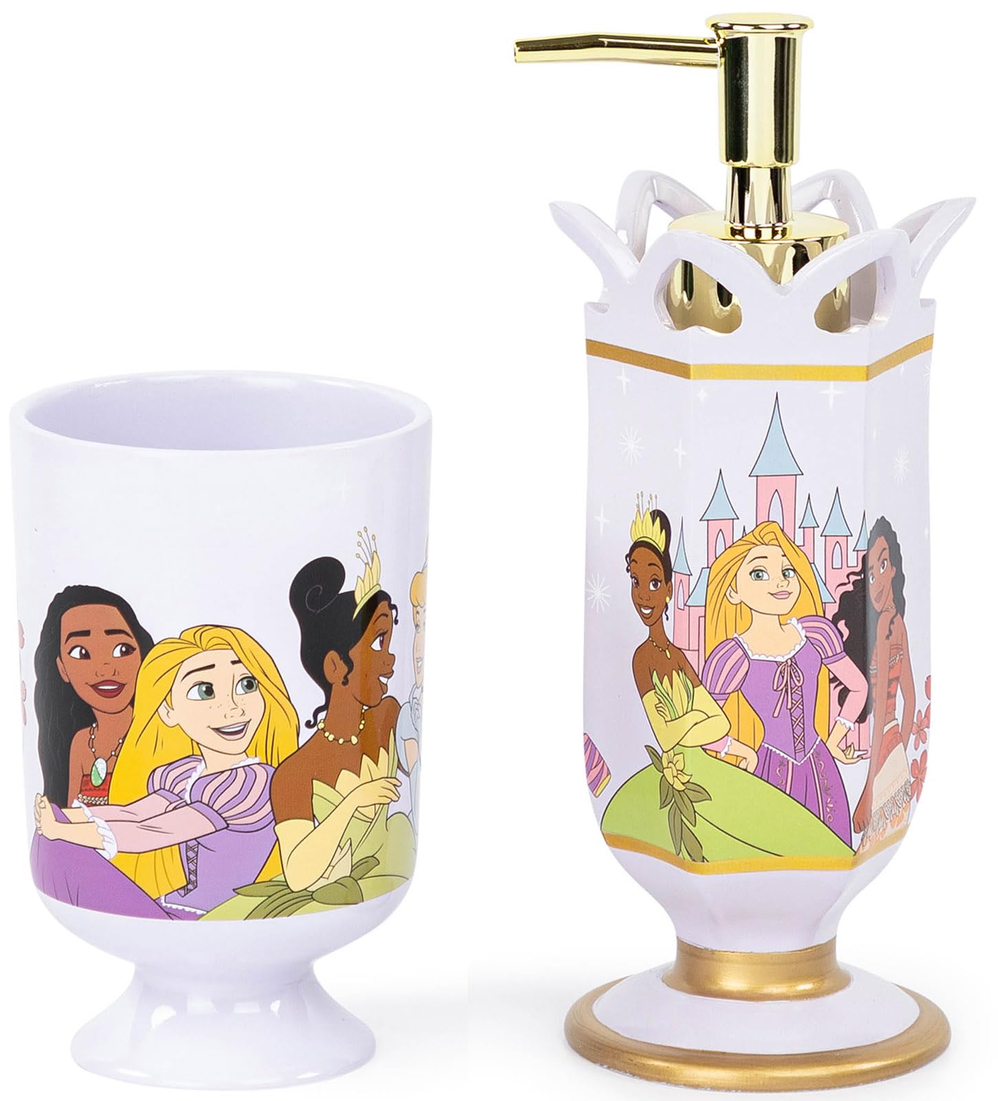 Disney Princess 2 Piece Bathroom Set - Purple Soap Dispenser & Tumbler Set - Kids Resin Bathroom Accessories Features Moana, Cinderella & Rapunzel