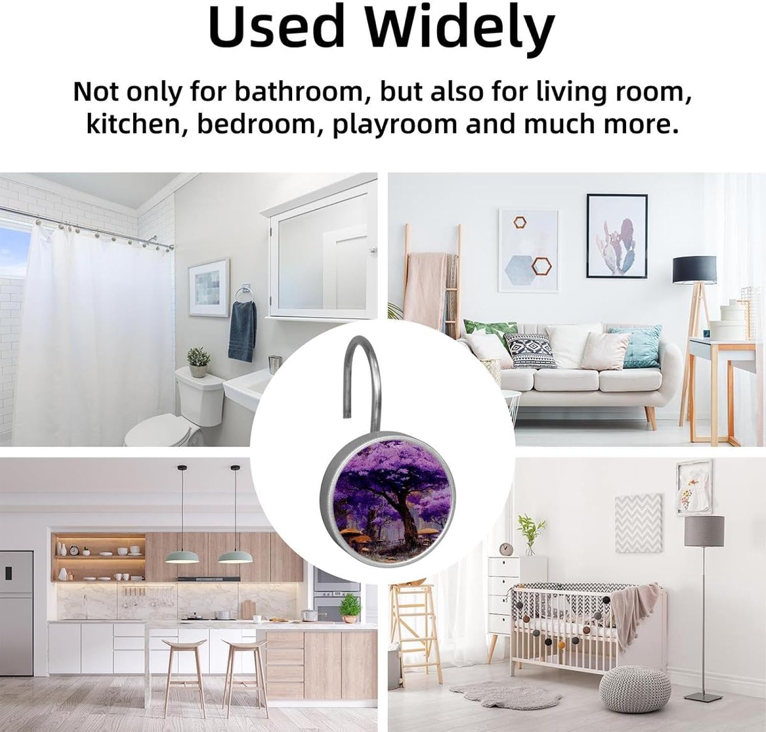 12PCS Purple Flowers Trees and Mushrooms (1) Shower Curtain Hooks Metal Rust Resistant Decorative Shower Curtain Hooks Bathroom Decorations