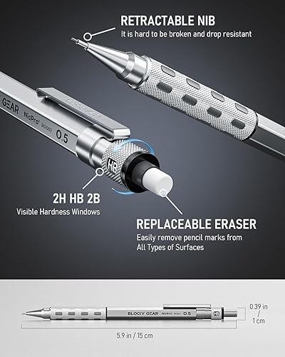 Miniatura 3 de Nicpro Blocky Gear Series - Juego de lápices mecánicos de 0.020 in en estuche, lápices de metal de la serie Blocky Gear con 2 recambios de plomo HB