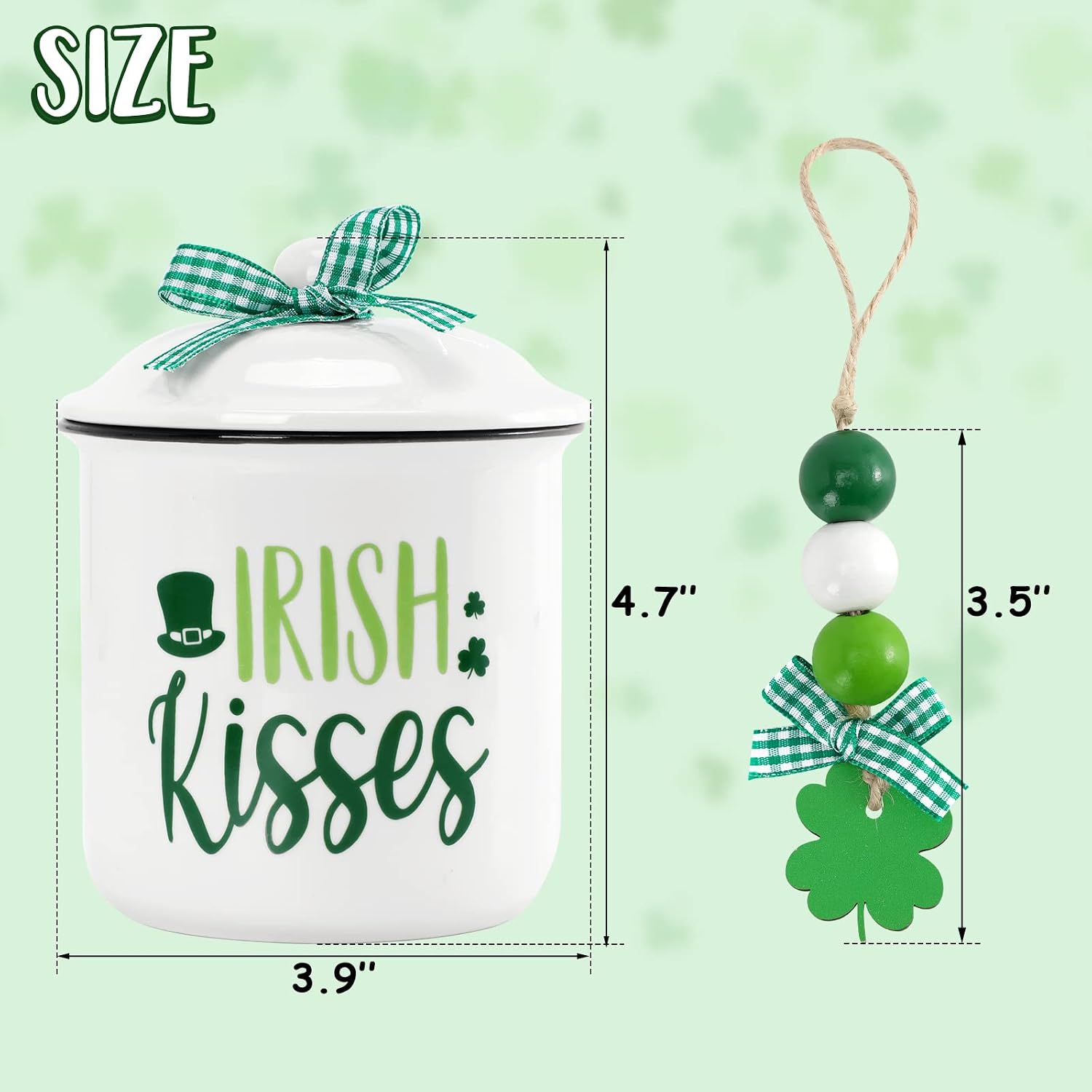 Nefelibata St. Patrick's Day Ceramic Canister Tiered Tray Decor Bowl Pot o' Gold Irish Kisses Candy Holder with Green Buffalo Plaid Bowknot Shamrock Table Centerpiece Decoration Supplies Set of 2