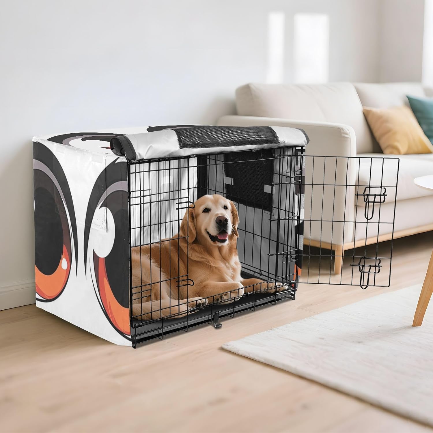 Simple Cartoon Eyes Dog Crate Cover S-XL UV-Resistant Pet Cage Cover with Mesh Windows, Reduces Barking, Large