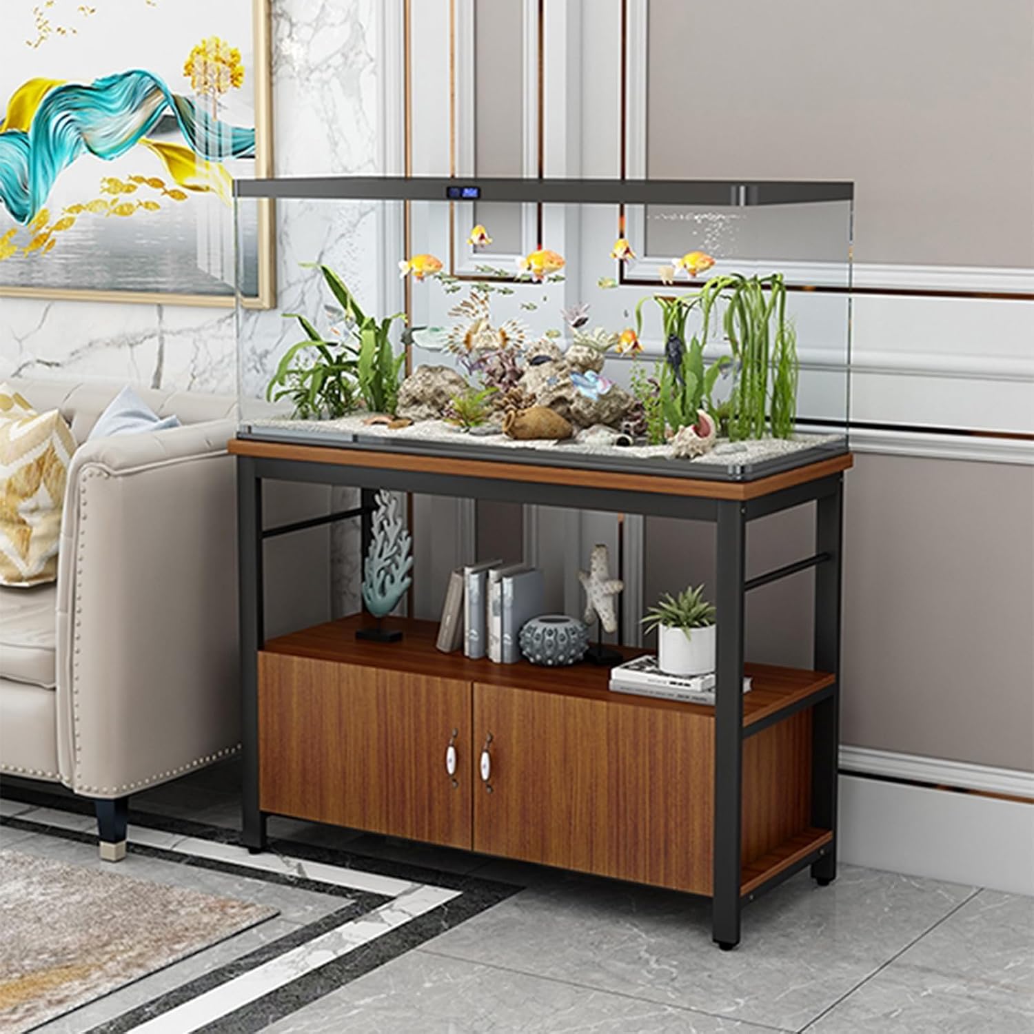 55-75 Gallon Fish Tank Stand, Metal Frame Aquarium Stands, with Shelves and Storage Cabinet for Fish Tank Accessories Storage, for Home Office White frame + white 120x45x70cm