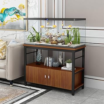 55-75 Gallon Fish Tank Stand, Metal Frame Aquarium Stands, with Shelves and Storage Cabinet for Fish Tank Accessories Storage, for Home Office Black frame + teak 50x30x70cm