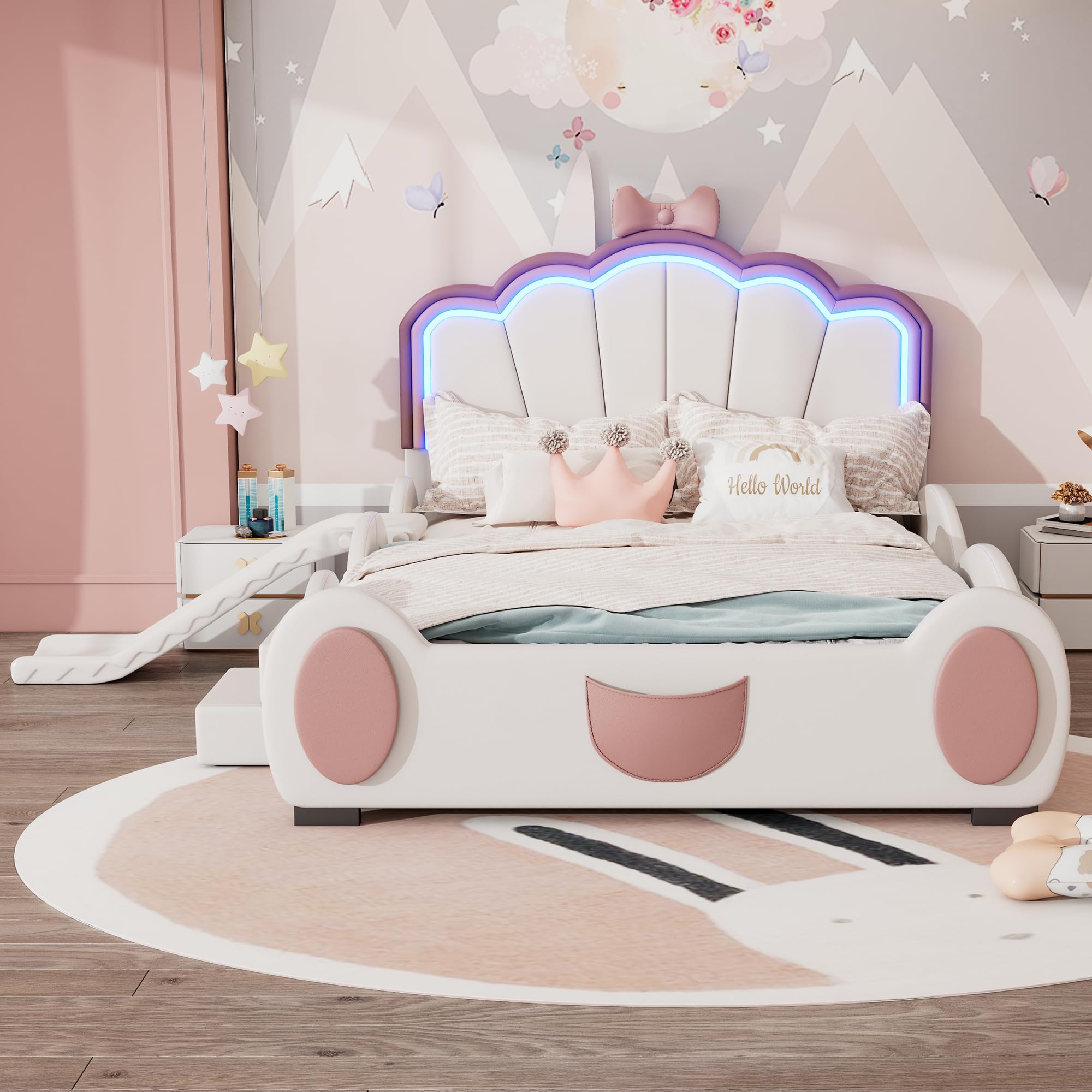 Letto imbottito per bambini - 140 x 200 cm - Motivo cartone animato - Testiera con design d'atmosfera - Letto per bambina con rete a doghe, scivolo e scala - Per camera dei bambini - Senza