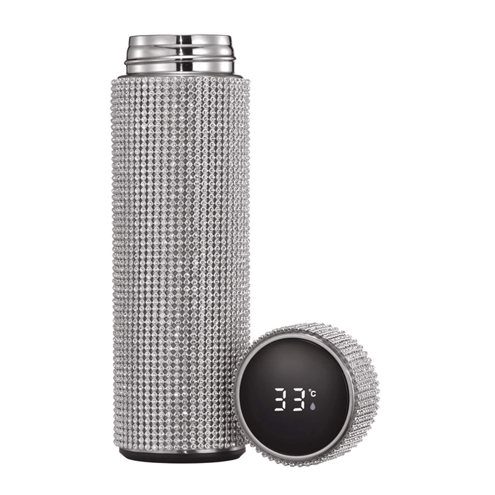 Taza al vacío aislada con diamantes de imitación, botella de acero inoxidable, hervidor de agua, plata, 750 ml