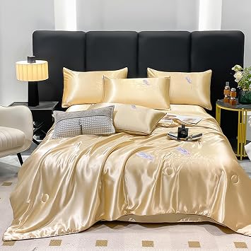 Washed Silk Bed Sheets 4pc Set - Ice Silk Cool Comforter Comfortable Naked Sleeping Air Conditioning Quilt - Light Luxury Summer Embroidered Pillowcase Sheet BeddingF,200 * 230cm