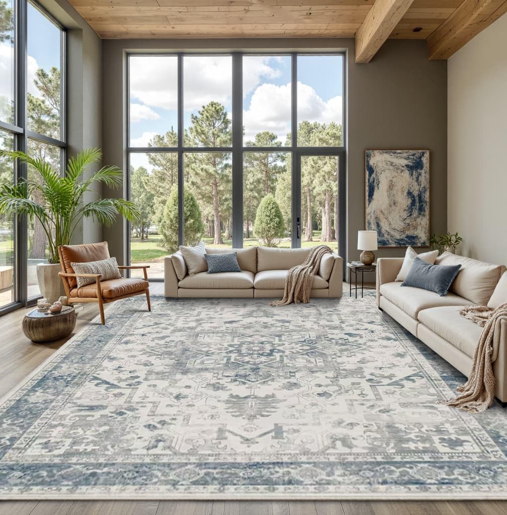 9x12 extra large washable area rug, soft neutral vintage boho rug for living room, bedroom, office, farmhouse, low pile imitation wool non slip carpet ideal for high-traffic areas, blue grey blue & grey 9' x 12' (rectangular)
