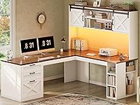 SEDETA 67" Farmhouse L-Shaped Desk with Hutch, Storage Drawers, Shelves, Power Outlets & RGB LED Lights - White Home Office Corner Desk