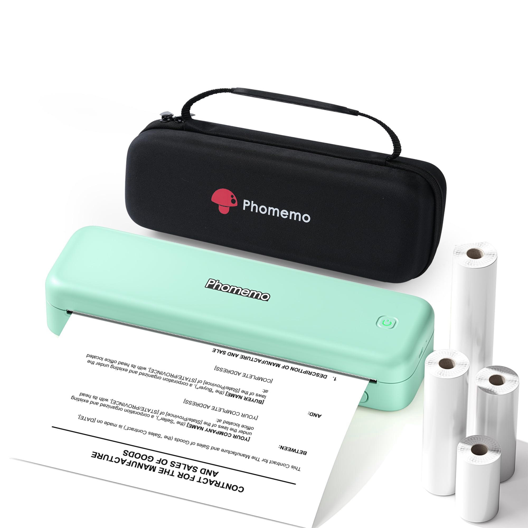 Phomemo Portable Thermal Printer Small A4 - M834 Set Green | Mini Printer Compatible with Bluetooth and USB, with 4 Rolls of Paper and Carry Bag, Home, Travel, Office