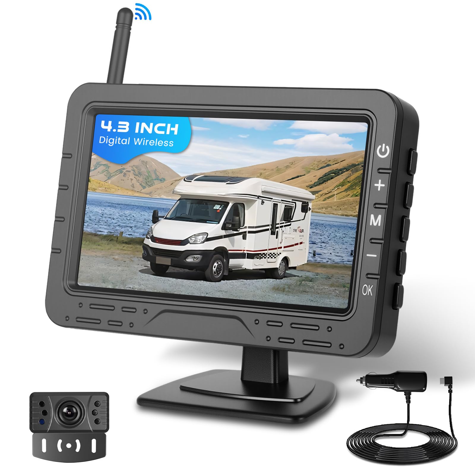 Hodozzy Kit Telecamera di Retromarcia Wireless Digitale, Monitor IPS da 4,3 Pollici con Visione Notturna e Impermeabile Telecamera Posteriore per Auto, Facile da Installare, Telecamera di Backup 12V