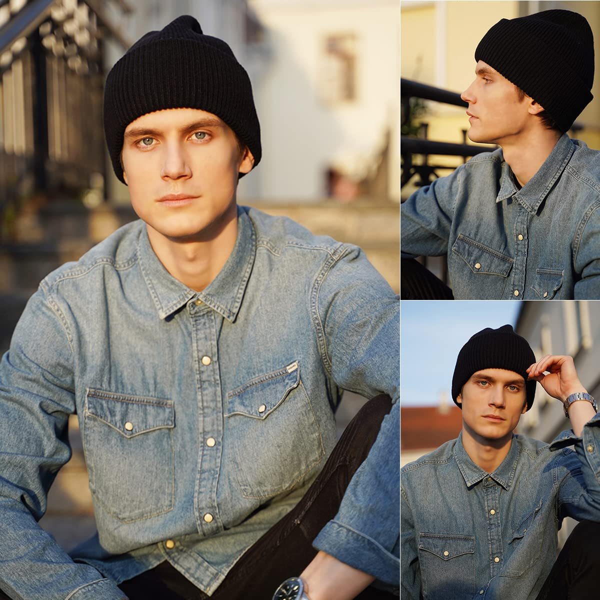 YUONNY 100% Wolle Stricken Beanie Mütze für Damen Herren, Winter Warm Weich Cuffed Beanie Hut, Winddicht Casual Gestrickte Mütze Unisex Strickmütze Skull Cap für Outdoor Ski Snowboard Black One