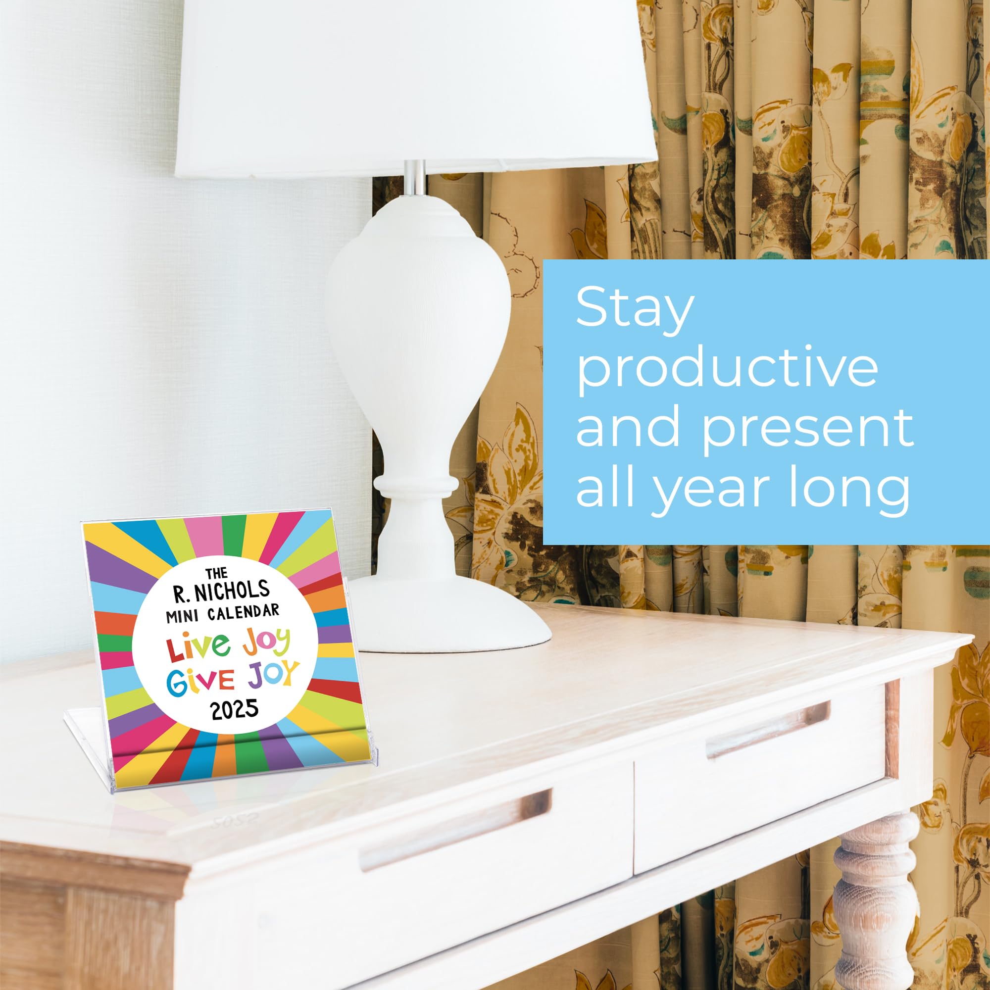 R. Nichols Mini Live Joy Give Joy Tischkalender 2025 – Stehender monatlicher Schreibtischkalender für Zuhause und Büro, 10,2 x 10,2 cm