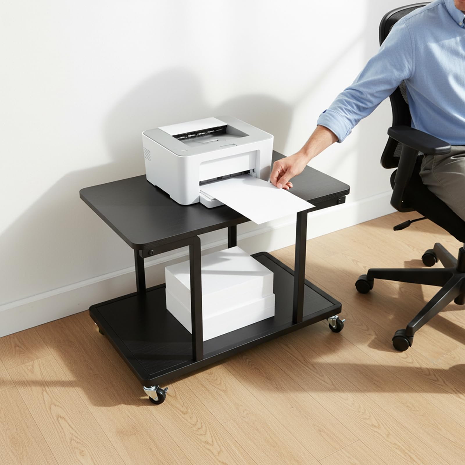 Druckertisch mit Rollen, 61 × 51 × 38 cm Druckerständer 2 Ebenen Büroregal Druckerwagen Scanner Tisch Stabil Metall für Homeoffice Küche Schwarz