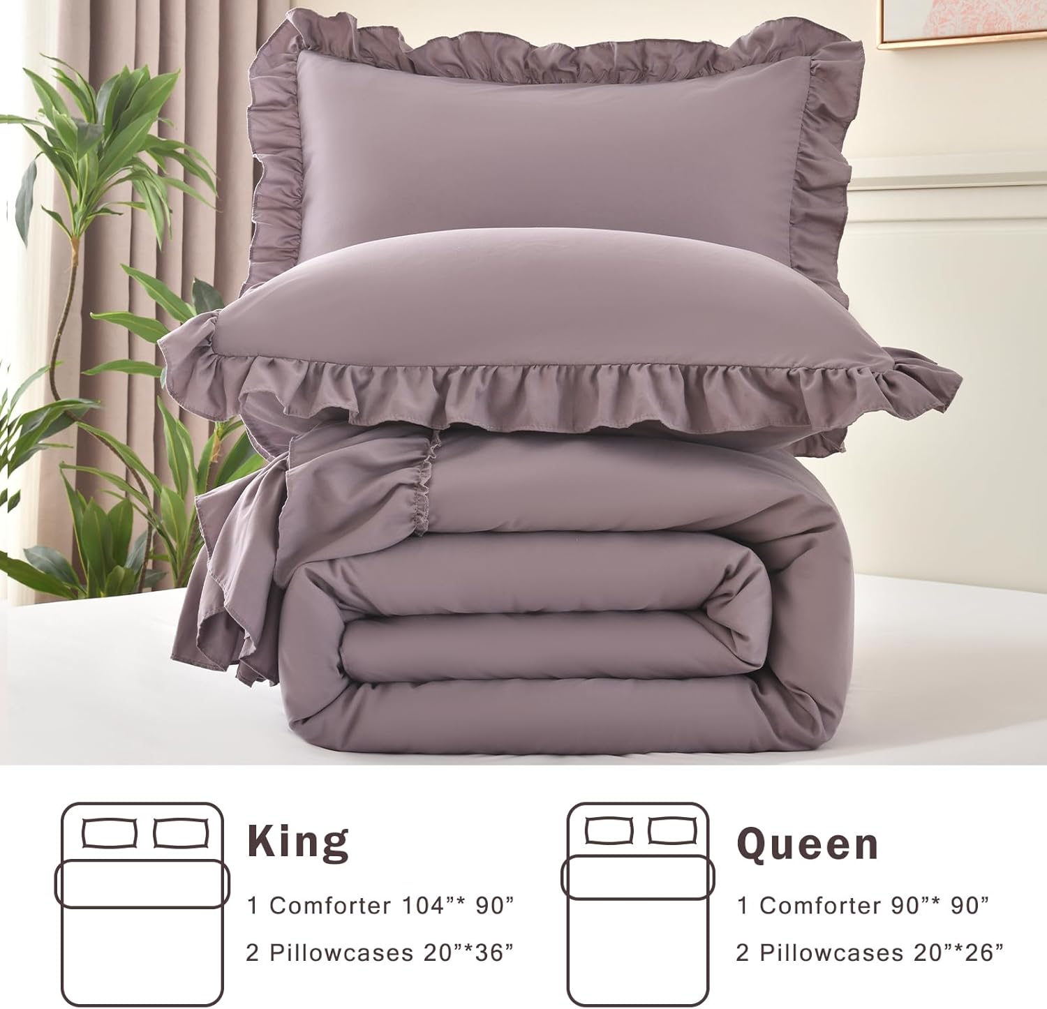 Cupocupa Purple Ruffle King Size Comforter Set, Shabby Chic Boho Bedding Comforter Sets, Fluffy Cozy Bedding Comforters & Sets for All Season, 3PCS Lightweight Farmhouse Rustic Bedding Sets - Image 6