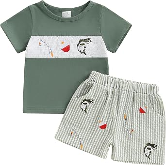 Toddler Baby Boy Summer Outfit Short Sleeve Fishing Buddy T-shirt Tops Fish Print Jogger Shorts 2Pcs Clothes Set