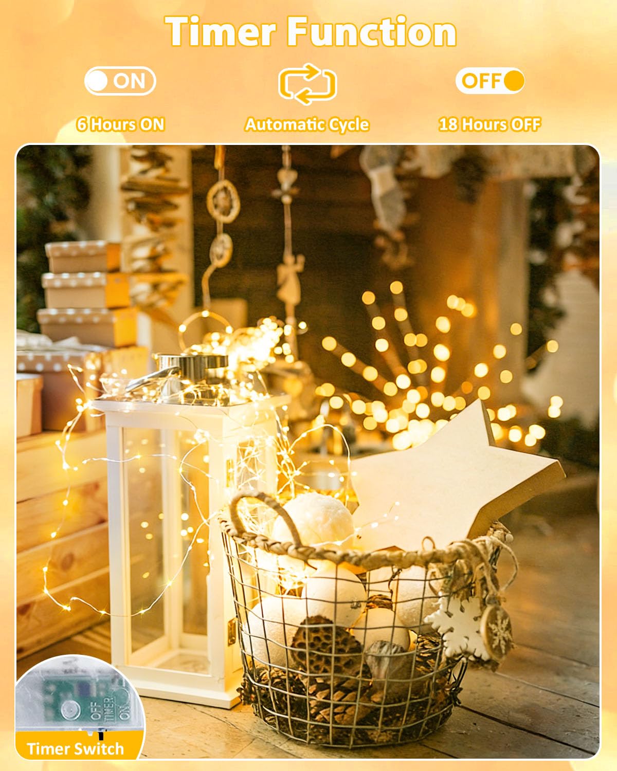 2 Pack Warm White Fairy Lights Battery Operated, 60 LED Waterproof Twinkle Lights, Silver Copper Wire with Timer Warm White Fairy Lights for Christmas Wedding Patio Party Indoor Outdoor