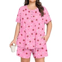 Lastshe Plus Size Pajama Set for Women Summer Short Sleeve Shorts Henley Neck Pjs 2 Piece Lounge Set with Pockets Sleepwear