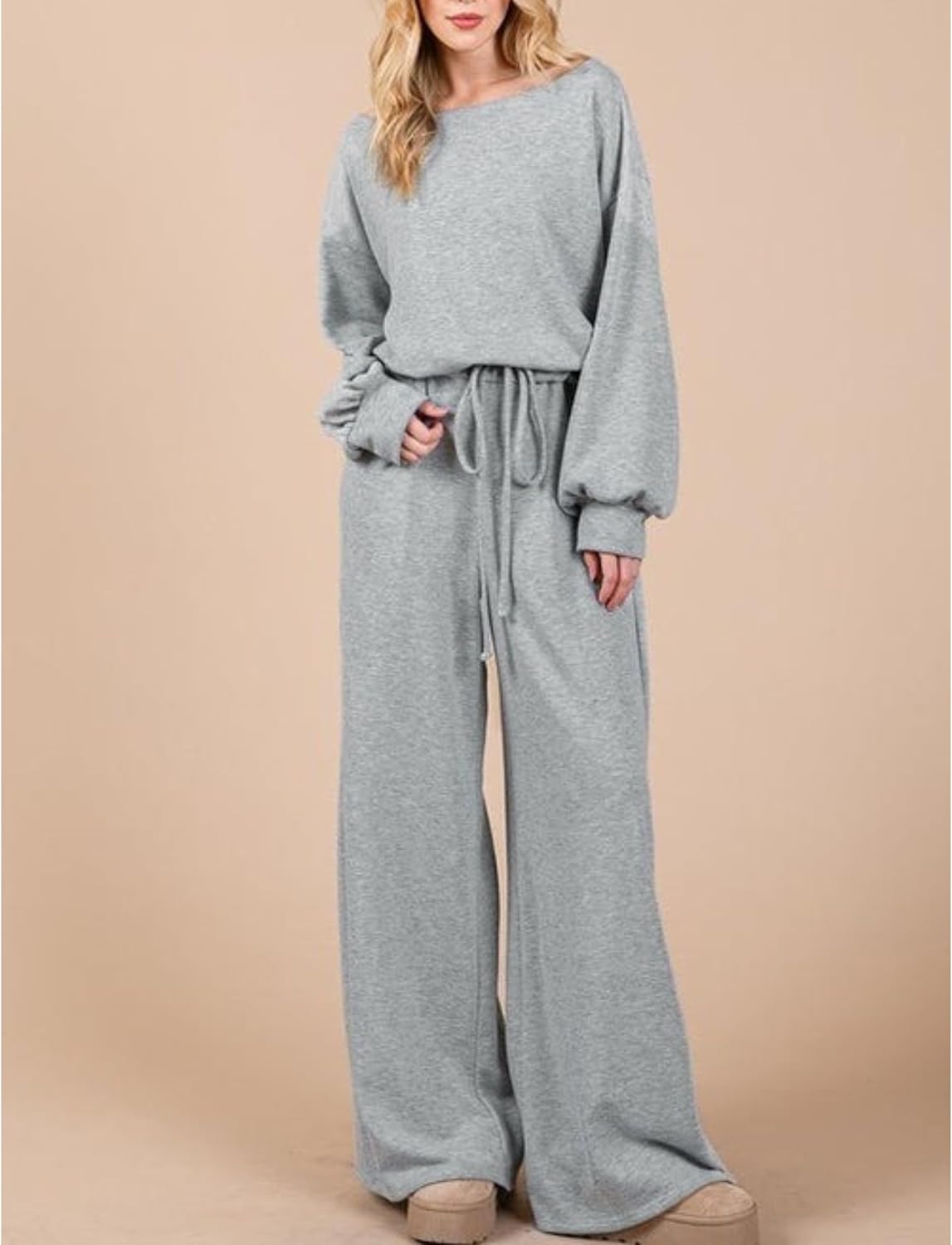 Dressy Jumpsuits for Women Long Sleeve Off The Shoulder Romper High Waist Drawstring Baggy Casual Overalls Grey XXL - Image 7