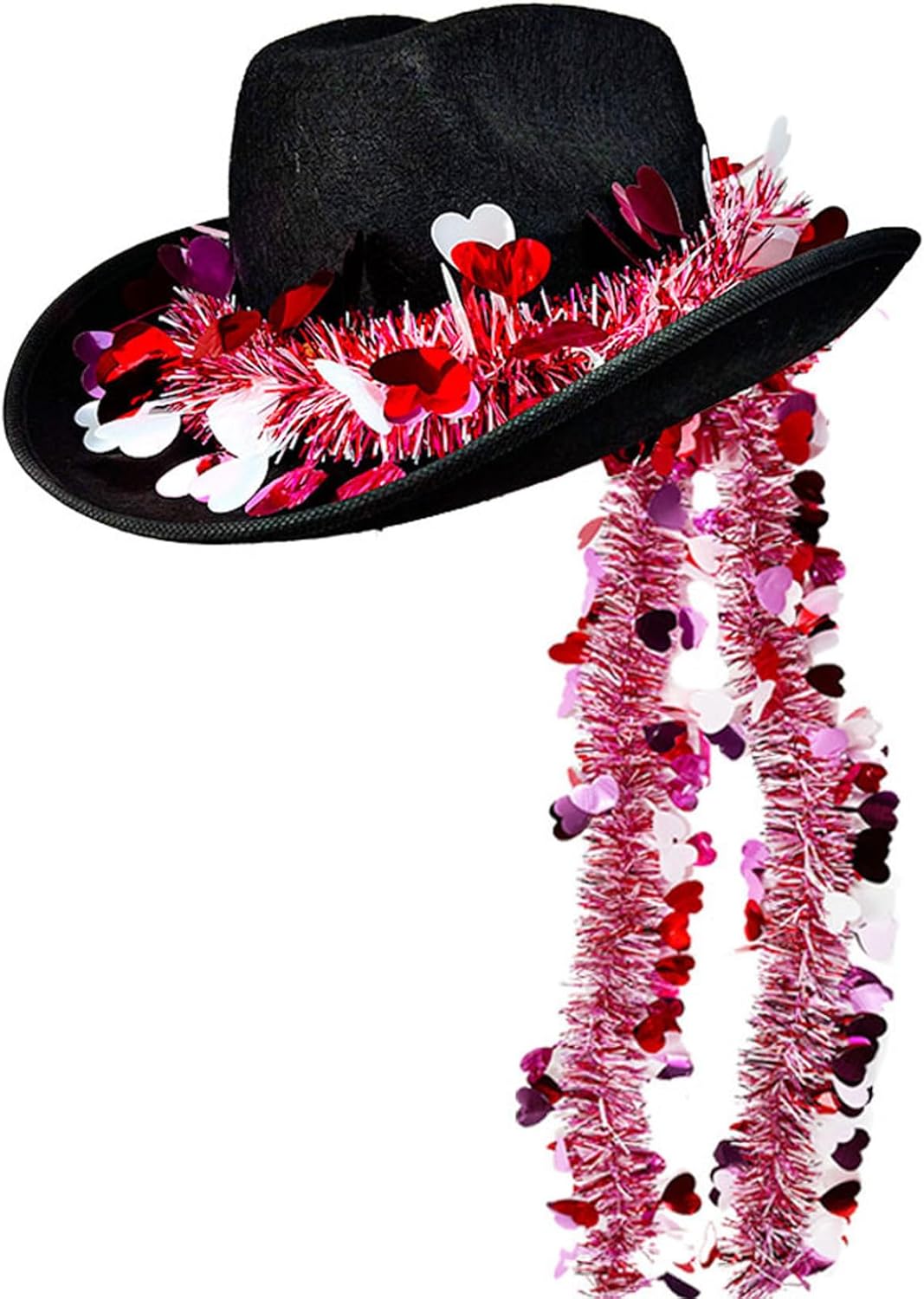 Women's Fedora Cowboy Hat with Valentine Heart Tinsel Garland, Western Wide Brim Cowgirl Hats