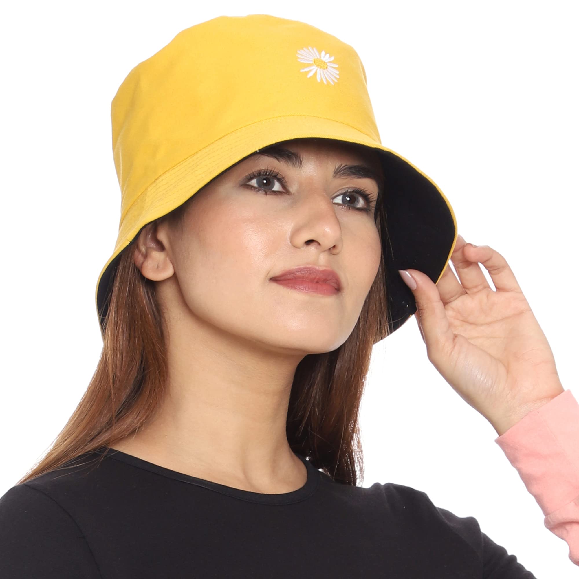 Unisex Daisy Flower 3D Embroidered Foldable Cotton Reversible Bucket Hat Sun hat Beach Hats for Women