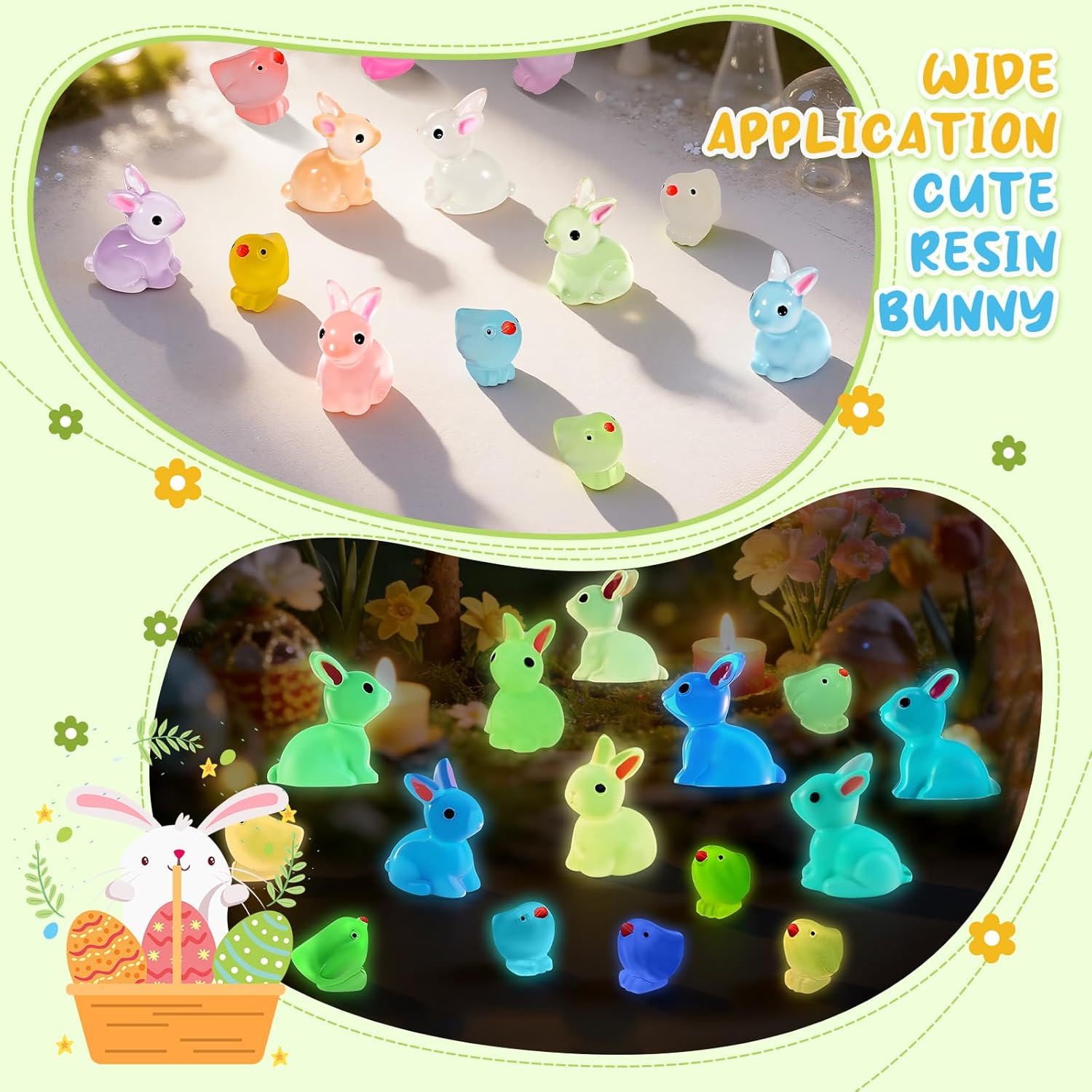 Seeiuua 84Pcs Easter Egg Fillers Essentials Luminous Mini Resin Bunny，Glow in the Dark Easter Basket Stuffers Decor Party Favors Supplies, Hunt Game Prizes