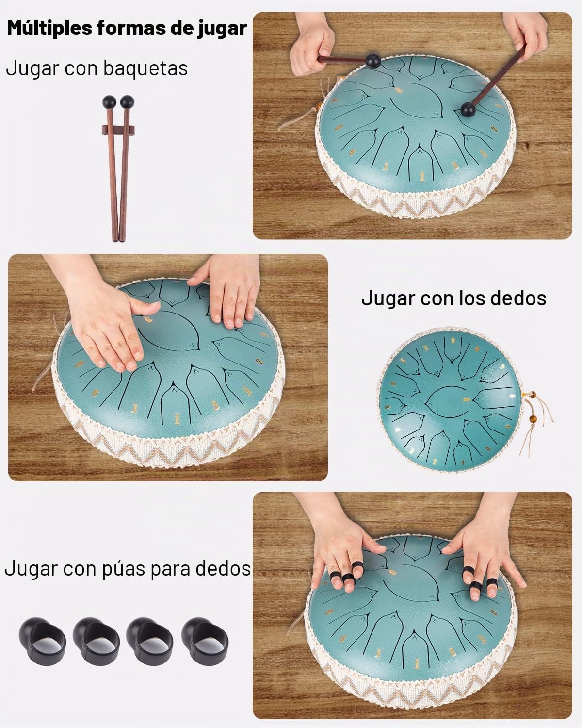 Tambor de Lengua de Acero 13 Pulgadas 15Notas Tambor de Lengüetas Steel Hand Pan Instrumento de Percusión Tambor de Mano Percusión con Bolsa de Viaje, par de mazos,púas de Dedo