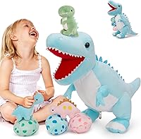 Vista 17 de MorisMos - Animal de peluche de dinosaurio con bebés, mamá dino T-rex de 23.6 pulgadas con 3 juguetes de peluche de bebé dino y 3 huevos de peluche