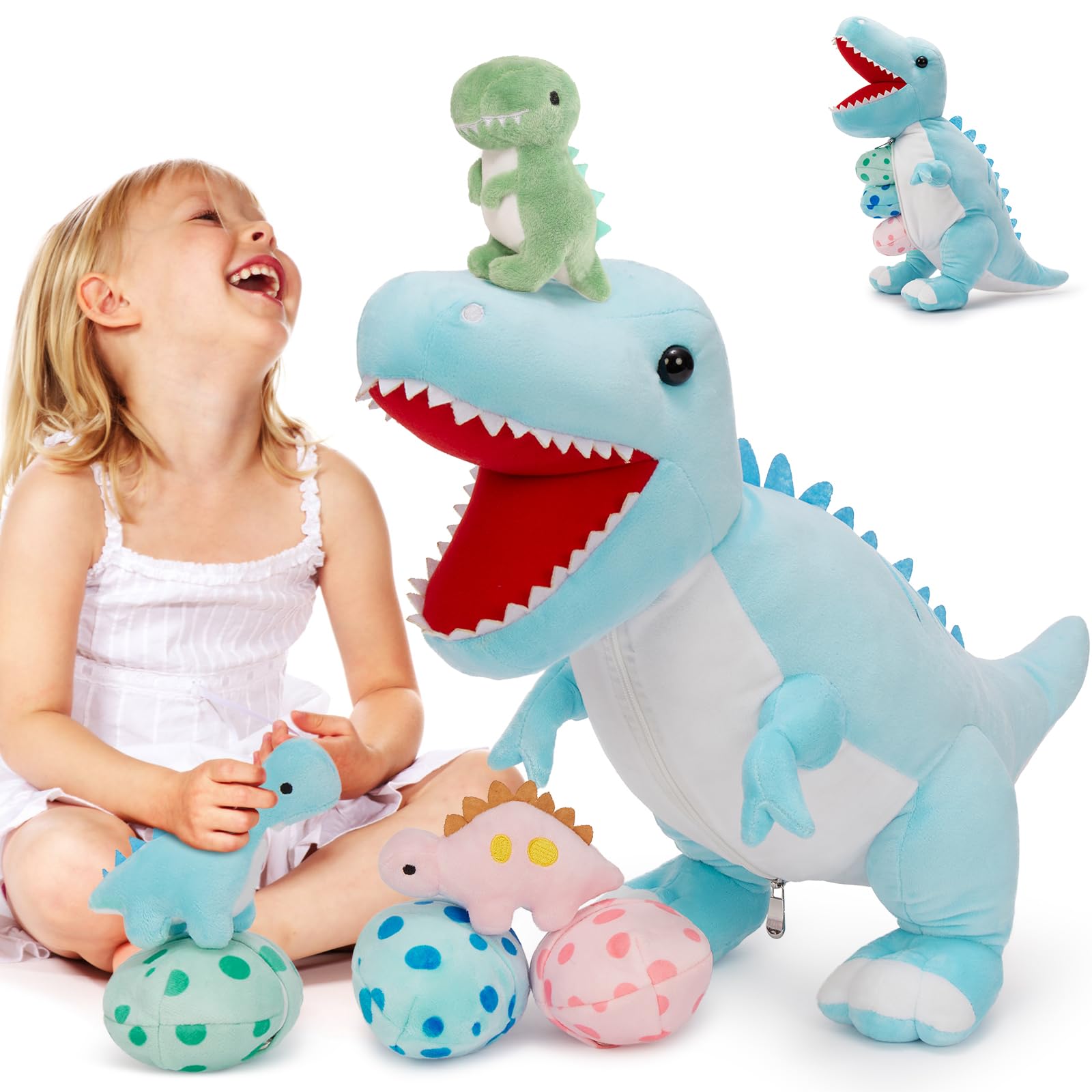 MorisMos 60cm hoch riesen Dino Kuscheltier XXL Blau mit 3 Baby im Bauch, groß Dinosaurier Plüschtier Stofftier, weich Dino Spielzeug Plüschdino für Kleinkind Jungen Mädchen Weihnachten Geschenk