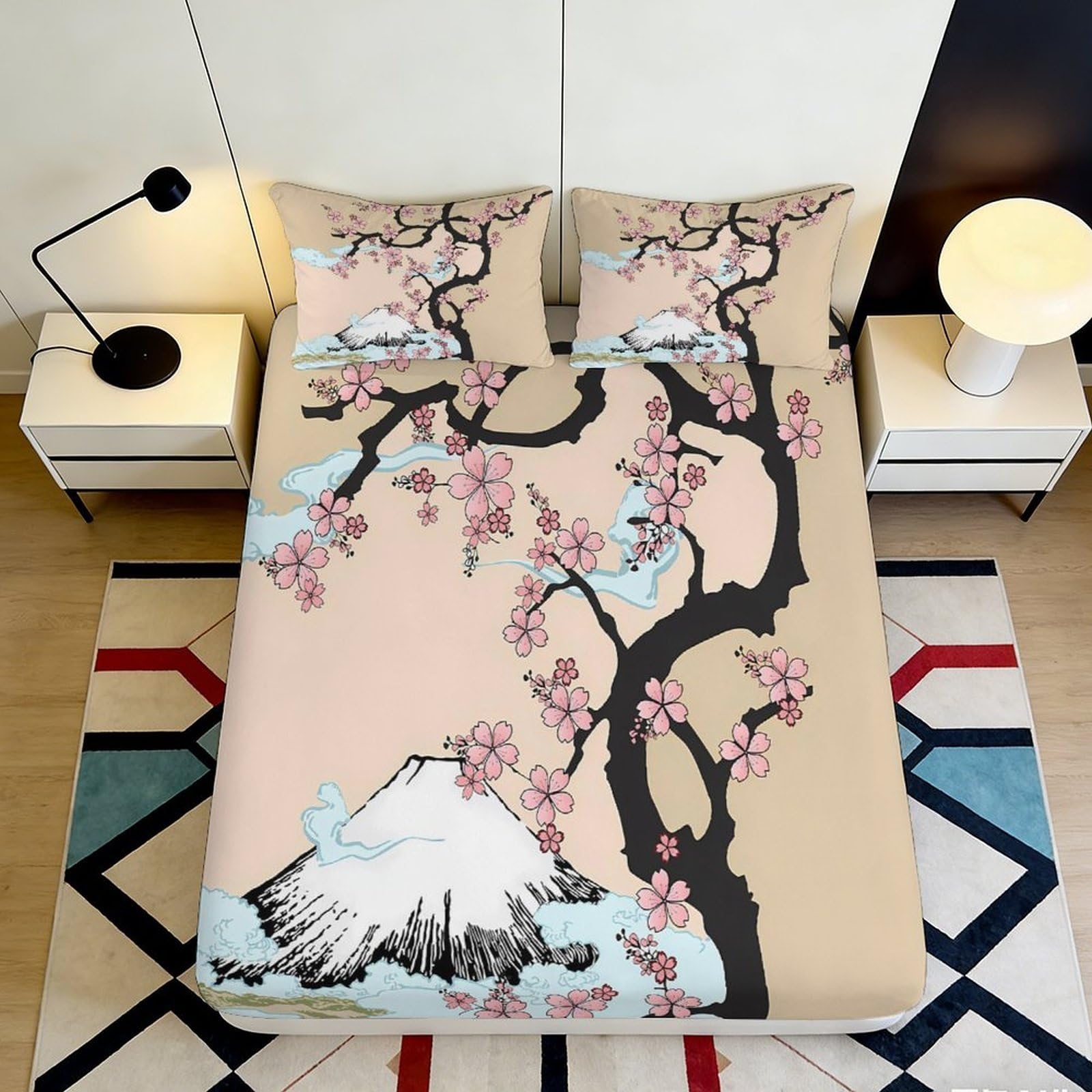 3D Printed Sakura Mountain Fitted Sheet Microfiber Soft Peach Blossom Bed Cover for Bedroom Guest Room Decor 90x200x25cm