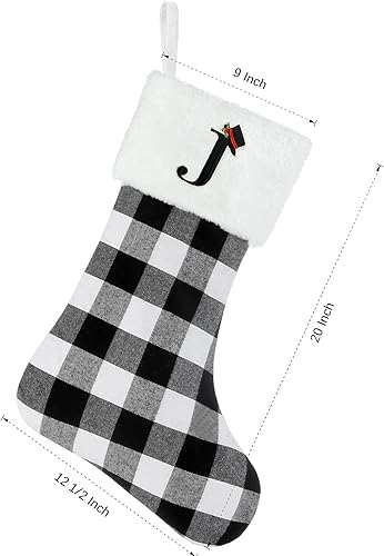 Miniatura 5 de Senneny Medias de Navidad con iniciales, medias de Navidad grandes de 20 pulgadas con monograma a cuadros negros y blancos