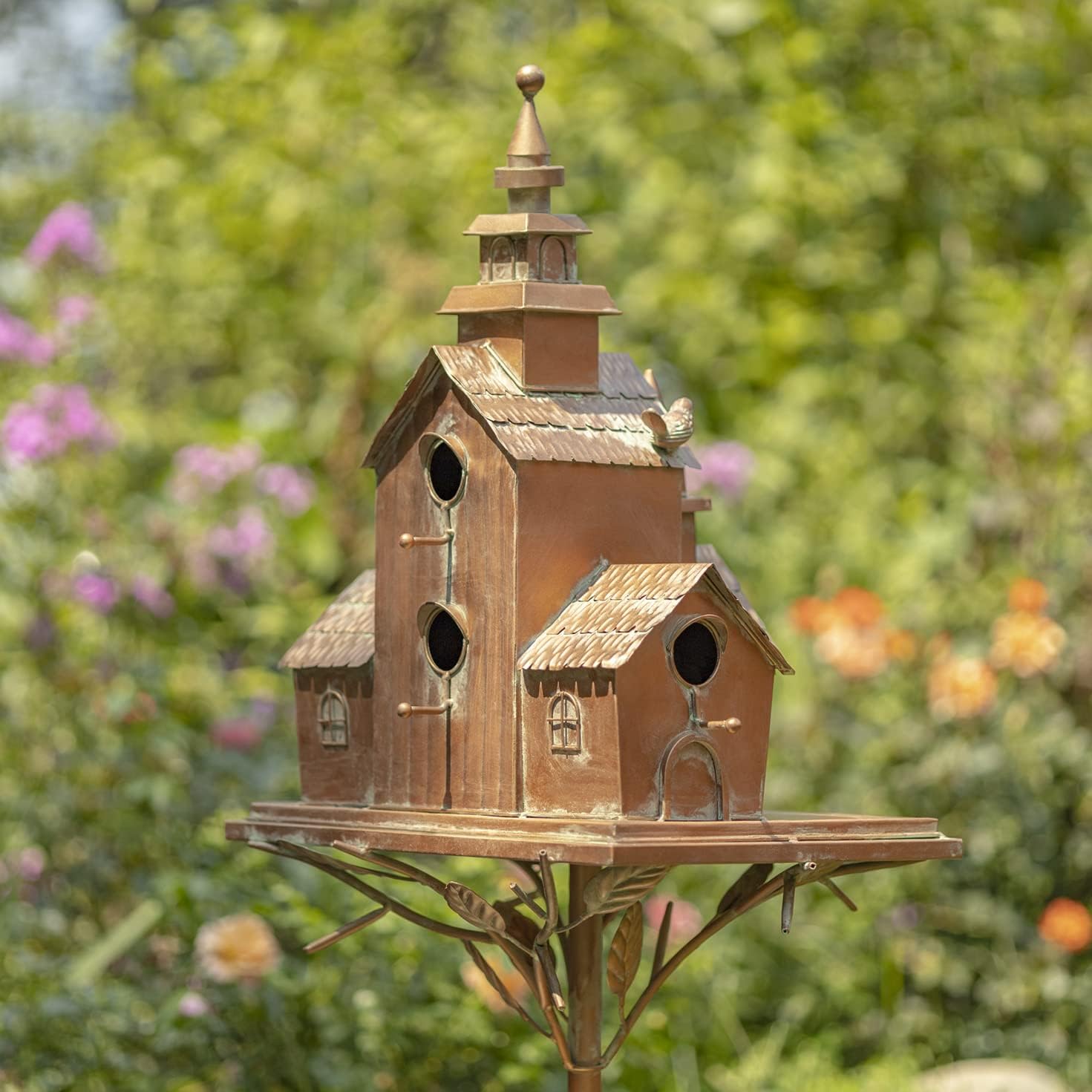 Zaer Ltd. Large Copper Colored Multi-Birdhouse Stakes, Room for 5 Bird Families in Each (XL Country Town Home Montana)