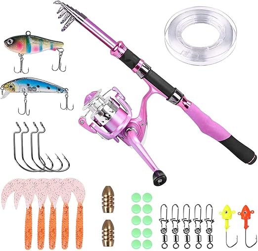 PLUSINNO Ladies Telescopic Fishing Rod and Reel Combos,Spinning Fishing Pole Pink Designed for Ladies Fishing Girls Fishing Pole