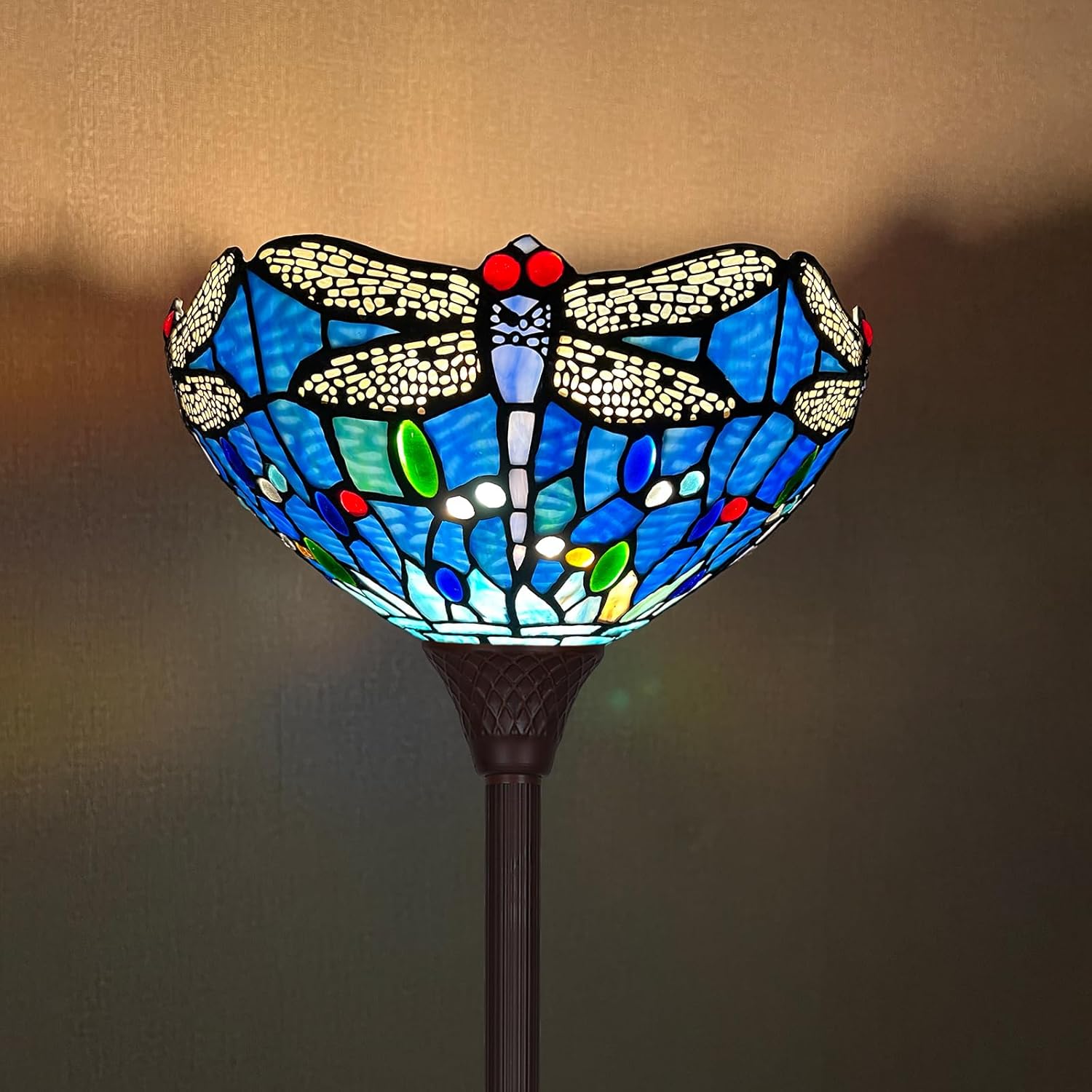 Capulina Tiffany Lamp Stained Glass Torchiere Floor Lamp 70 Inches Tall Industrial Pole Vintage Blue Dragonfly Tiffany Style Standing Floor Lamp for Home Office Living Room Bedroom Farmhouse