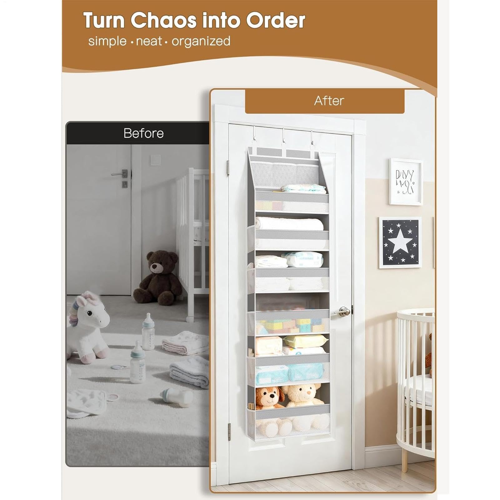 Genérico Organiseur de porte vertical à 6 niveaux avec grande capacité et crochets, organiseur de rangement pour buanderie, armoire, salle de bain, chambre à coucher, cuisine